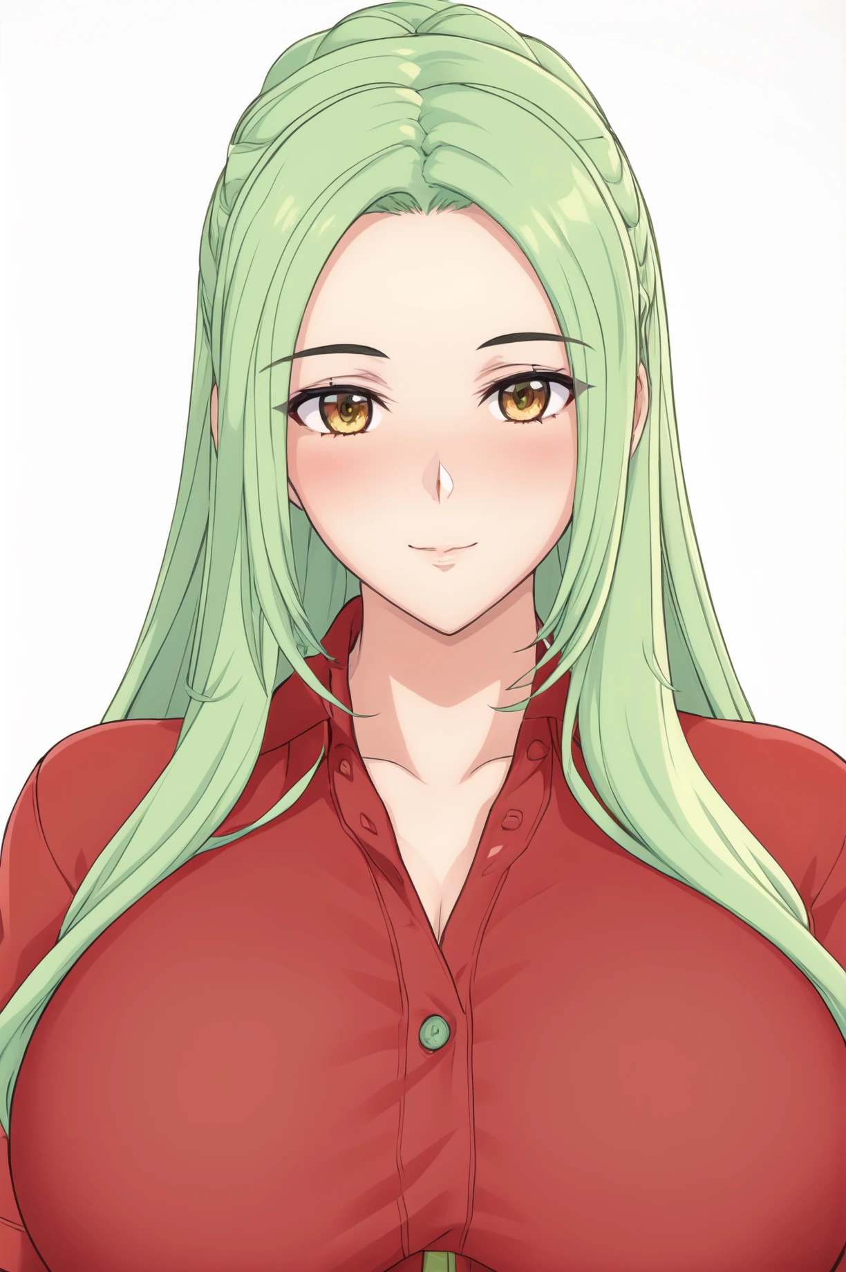 Simple Background,(White_Background:1.1),
dynamic pose,standing at attention,
(Red_shirt:1.7), short sleeves, collared shirt, pencil skirt,black skirt,open clothes, cleavage,
<lora:Big_Sisterly_KK77-KK77-V1:0.7>,Big_Sisterly_KK77,jewelry,
Yellow eyes, green hair,bangs,Long hair,braid,
<lora:more_details:0.1>,<lora:NovelAI_YesMix5_KKStyle-KK77-Yes5-V1:0.3>,<lora:Oda_Non_Style2-KK77-Yes5-V1:0.3>,
1 girl, 20yo,Young female,Beautiful long legs,Beautiful body,
Beautiful Nose,Beautiful character design, perfect eyes, perfect face,expressive eyes,perfect balance,
looking at viewer,(Focus on her face),closed mouth, (innocent_big_eyes:1.0),(Light_Smile:0.3),
official art,extremely detailed CG unity 8k wallpaper, perfect lighting,Colorful, Bright_Front_face_Lighting,White skin,
(masterpiece:1.0),(best_quality:1.0), ultra high res,4K,ultra-detailed,
photography, 8K, HDR, highres, absurdres:1.2, Kodak portra 400, film grain, blurry background, bokeh:1.2, lens flare, (vibrant_color:1.2),professional photograph,
(Beautiful,large_Breasts:1.4), (beautiful_face:1.5),(narrow_waist),