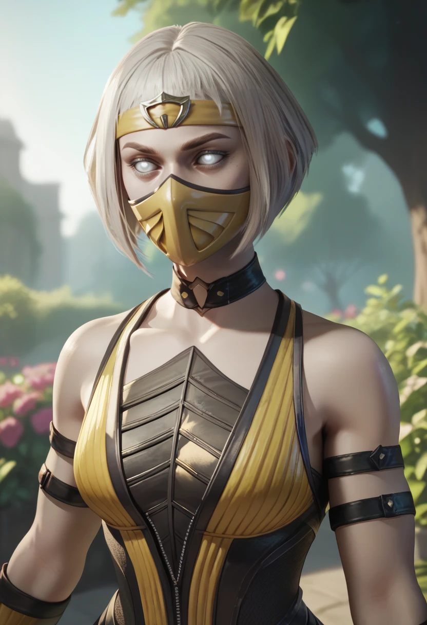 score_9,score_8_up,score_7_up,score_6_up,
khmlnxl,white eyes,white hair,bob cut,
mouth mask,
yellow and black bodysuit,yellow headband,bare shoulders,yellow gloves,choker,
outdoors,garden,fantasy,
standing,upper body,
<lora:KhameleonXL:0.9>,