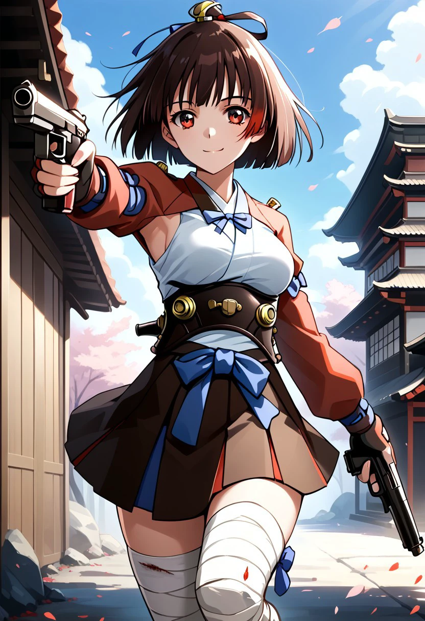 score_9,score_8_up,score_7_up,source_anime,MUMEI_(KABANERI),1girl,solo,breasts,looking at viewer,smile,skirt,long sleeves,gloves,holding,bow,ribbon,medium breasts,weapon,cowboy shot,japanese clothes,holding weapon,gun,bandages,blue ribbon,holding gun,hakama,corset,hakama skirt,handgun,dual wielding,shrug \(clothing\),hakama short skirt,bandaged leg,aiming,aiming at viewer,armpit cutout,