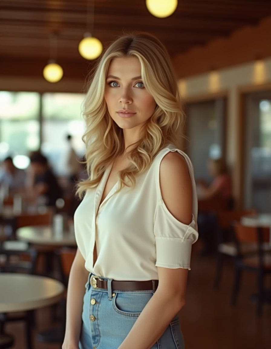 <lora:Sarah_Chalke_Flux:1> This is a realistic photograph of a women standing in a cafe, She has  wavy blonde hair styled in loose curls cascading down her back. Her skin is fair and smooth.  wearing a blouse and skirt, looking at the viewer