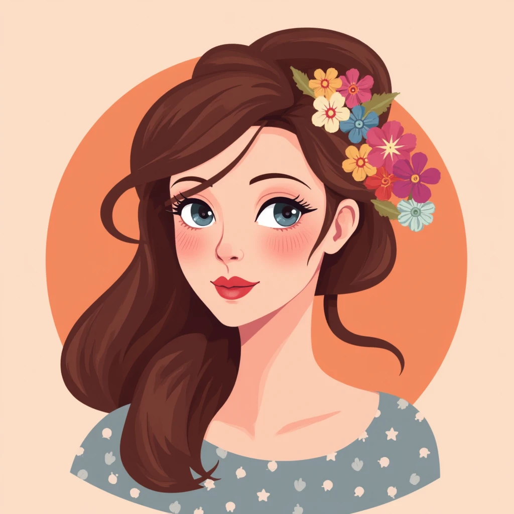 Use modern vector graphics flat design art with vibrant colors with a limited color pallete and simple shapes to create an illustration of a woman wearing flowers in her hair looking at the viewer, , <lora:eliolsen_2017_local_164_merger_20v1_8v2_34v2_03_03_04:1>