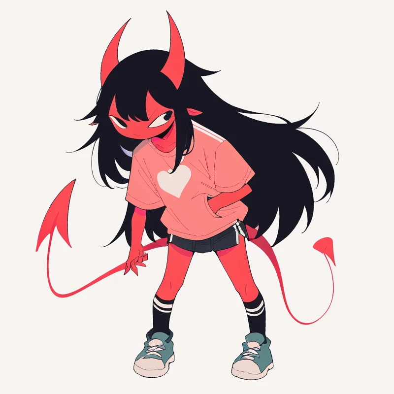 score_9, score_8_up, score_7_up, <lora:chewingarts:1>, chewart, white background, red skin, black hair, long hair, horns, black eyes, demon tail, black socks,
