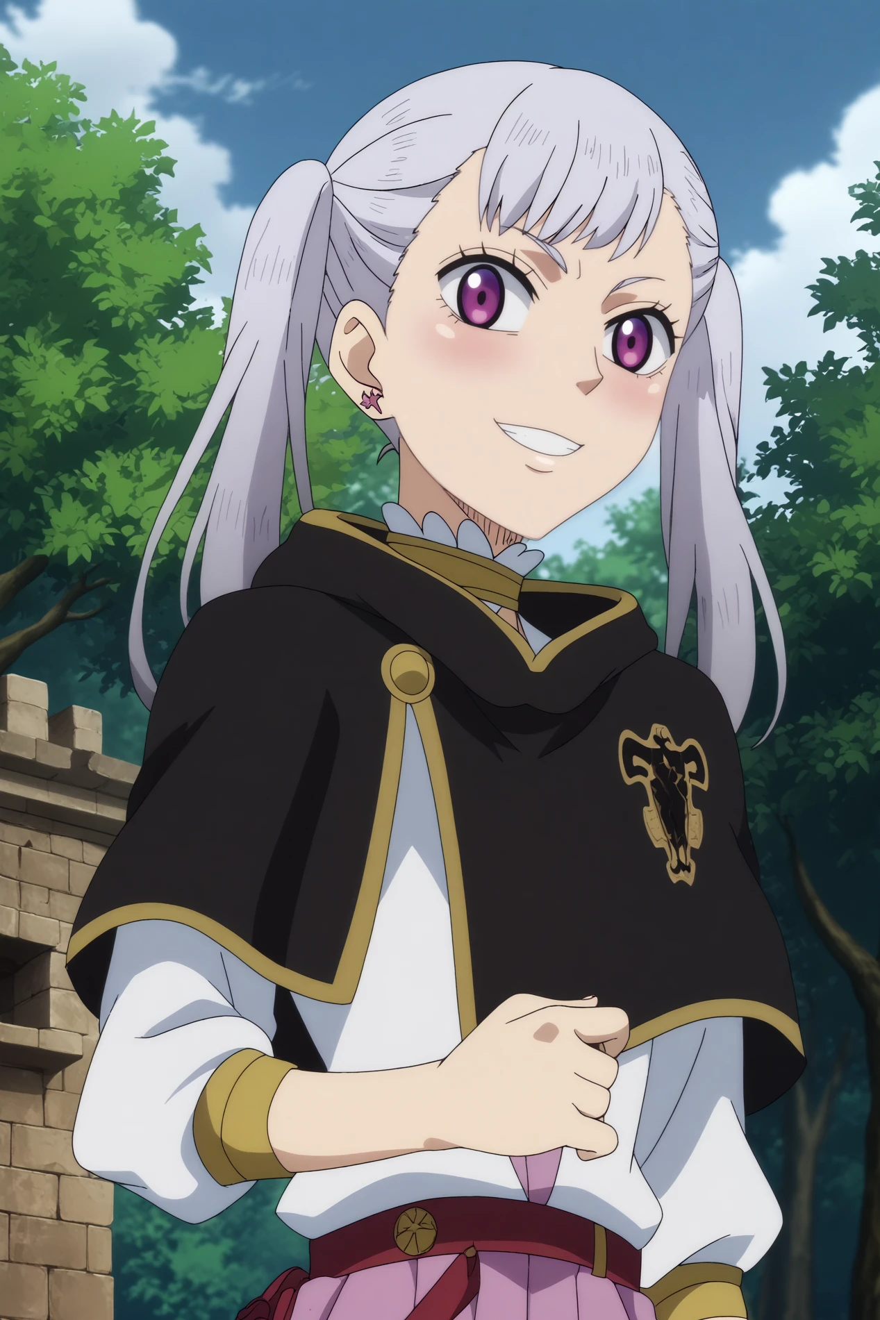  noelle silva,1girl,solo,smile,twintails,earrings,jewelry,grey hair,long hair,capelet,black capelet,upper body BREAK outdoors,forest,tree,blue sky,ruins,old village,  Resting chin on hand with a flirty gaze,  <lora:Noelle_Silva_-_Black_Clover.safetensors:0.8>