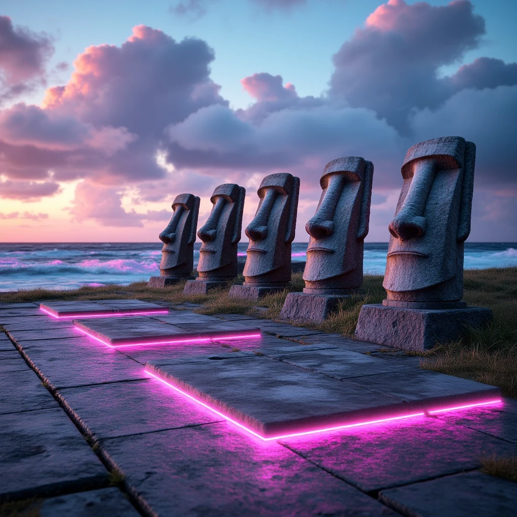 The Moai statues of Easter Island glowing under a vaporwave sunset, their stone faces illuminated by soft pastel hues. Neon grids cover the surrounding ground, and a synthetic ocean with shimmering pink and purple waves crashes in the distance, completing the retro dreamscape.
