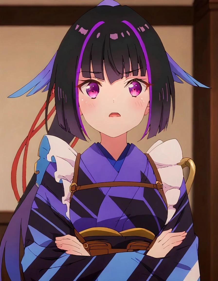 Karasuba, score_9, score_8_up, score_7_up, score_6_up, score_5_up, score_4_up, source_anime,  1girl, solo, long hair, looking at viewer, blush, open mouth, bangs, black hair, long sleeves, purple eyes, upper body, purple hair, multicolored hair, frills, japanese clothes, indoors, blunt bangs, pink eyes, kimono, blurry, apron, two-tone hair, streaked hair, sash, blurry background, obi, blue kimono, purple kimono, wa maid  <lora:Karasuba_Prima_Dolll_pxl:1>