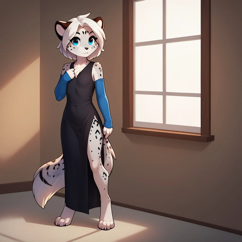 score_9, score_8_up, score_7_up, score_6_up, score_5_up, score_4_up, source_furry, maevetkv2, young anthro, female, snow leopard, grey fur, white hair, forehead mark,  blue eyes, digitigrade, barefoot,black dress, blue sleeves, , side slit, 1 girl, solo, <lora:33679502-2ae4-4787-94eb-4423783a7859:0.7>