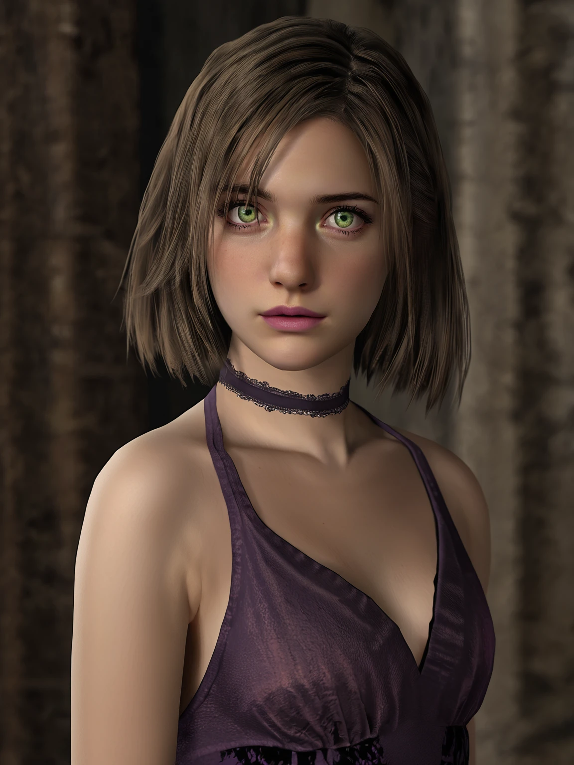 score_7_up, (sh4eileen:1.1), (source_3d:0.8), brown hair, green eyes, purple dress, <lora:Eileen Galvin (Silent Hill 4):0.92>, closed mouth, face