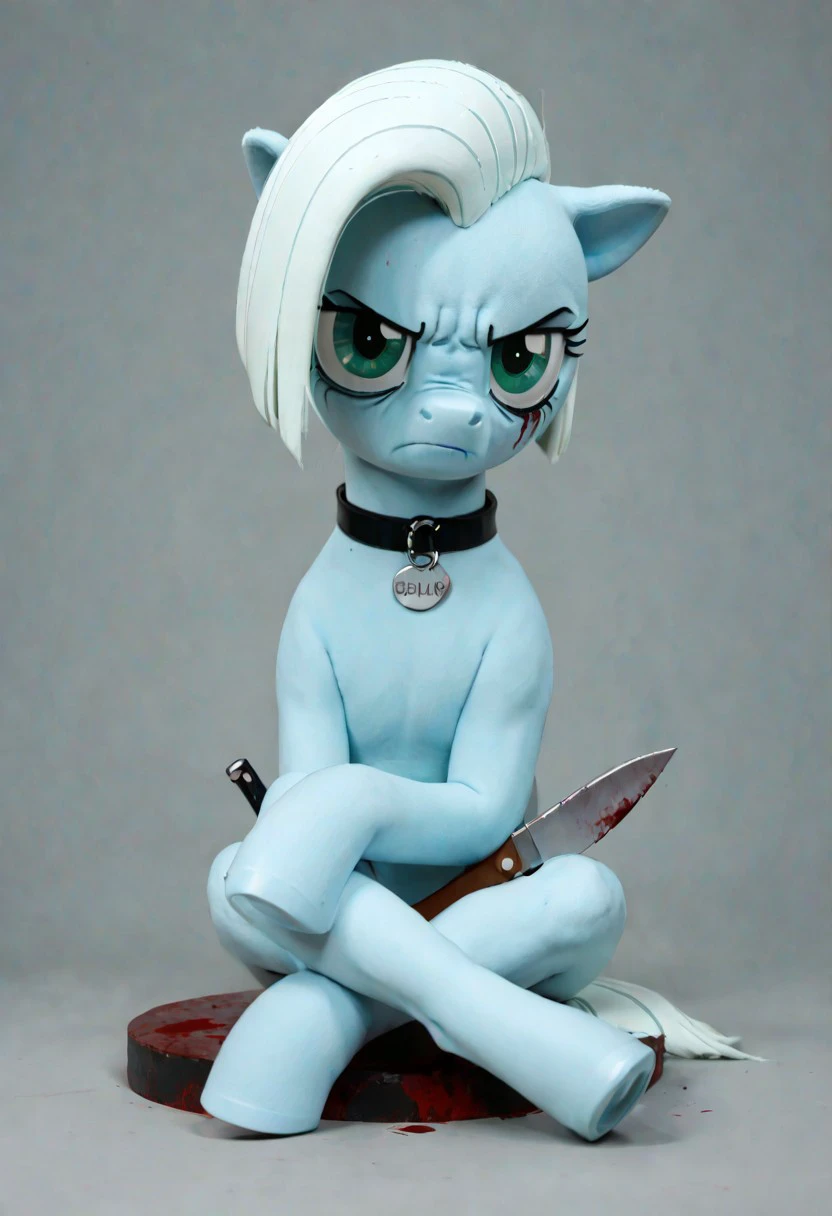 score_9, score_8_up, toony, Tracy Cage, mlp, pony, cyan fur, green eyes, white hair, short hair, collar, holding knife, knife, collar, crossed legs, sitting, bloody background, serious, angry, tsundere