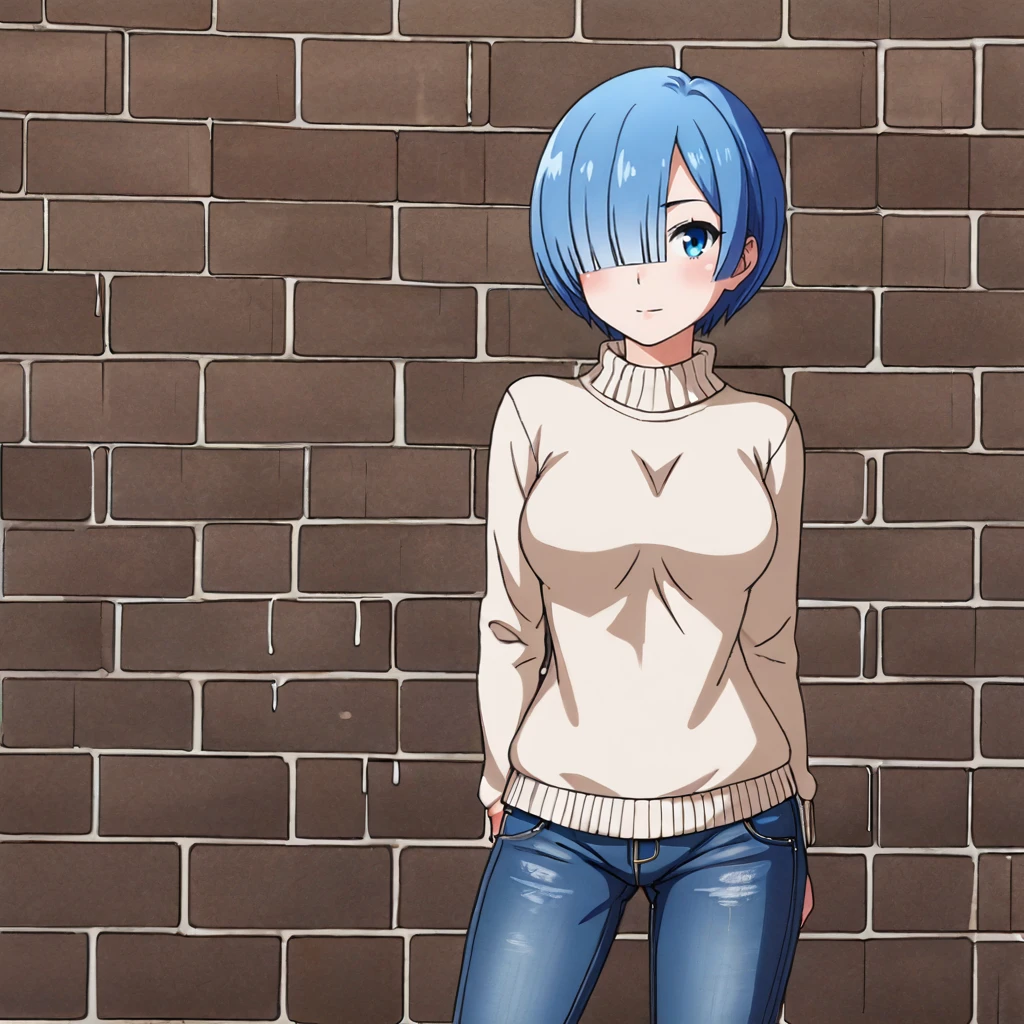 <lora:remrezero_pony_v1:.8>  Rem, 1girl,  blue hair, blue eyes, short hair, hair over one eye, medium breasts, cowboy shot, sweater, jeans