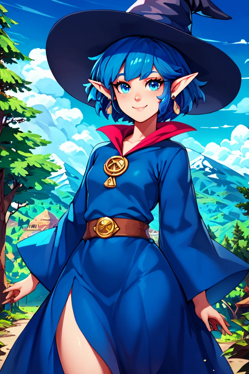 score_9, score_8_up, score_8, medium breasts, (curvy), cute, eyelashes,       BREAK, , zzIrene, pointy ears, short hair, blue hair, witch hat, witch,  earrings, long robe,  <lora:IreneZelda_PDXL:0.8>,  , BREAK, looking at viewer, smile, outdoors, sky, day, cloud, tree, blue sky, mountain, cowboy shot, ,,, embedding:zPDXL, Expressiveh, ,,, <lora:Alola_Style_PDXL:0.8>, <lora:CatalystStylePDXL:0.8>, <lora:Expressive_H-000001:0.4>,