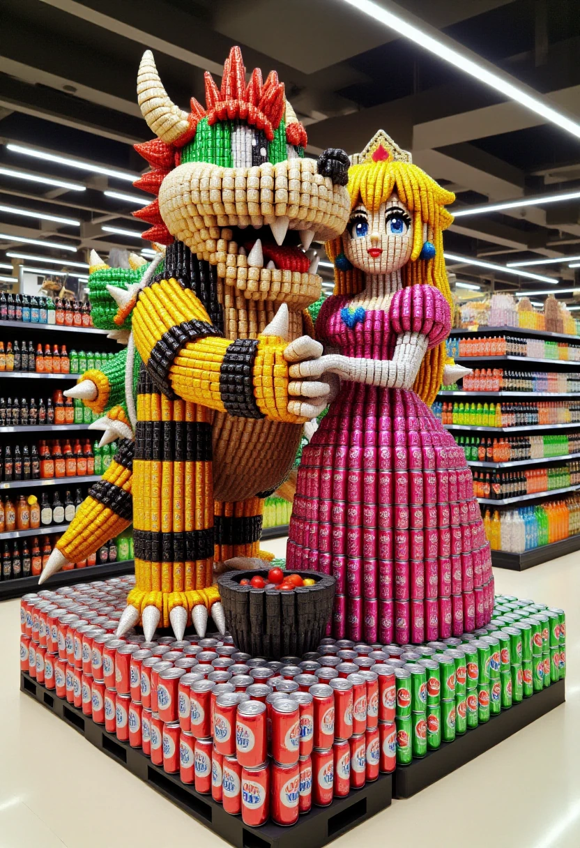 <lora:Supermarket_Soda_Stacker_FLUX-000018:1.1>
The image is a high-resolution photograph taken in a supermarket. The centerpiece of the image is an elaborate display made of stacked soda cans, arranged to form a life-size sculpture of Bowser and Princess Peach, characters from the Mario video game series, getting married together.