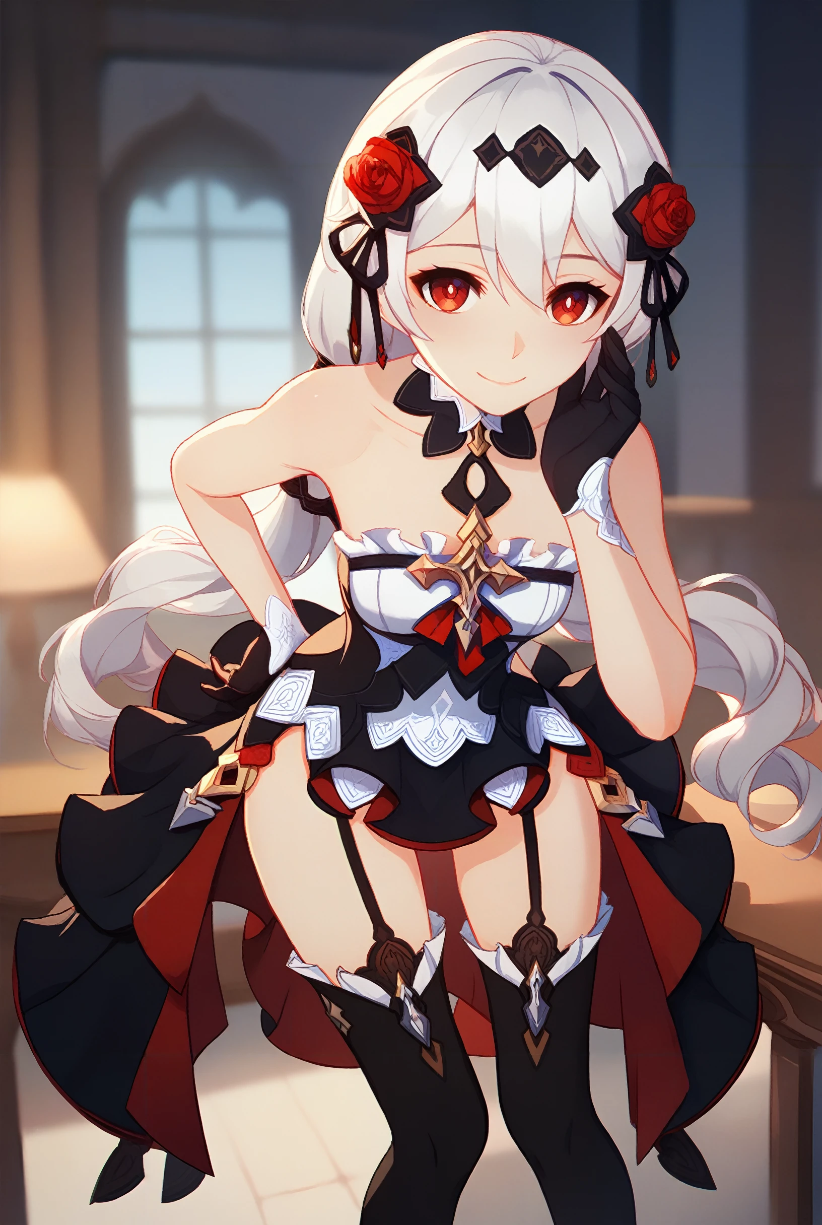 (score_9,score_8_up,score_7_up, ),<lora:Honkai_YTALK_pony-000022:1>,Honkai_YTALK,solo,
white hair,red eyes,long hair,
black gloves,black thighhighs,gloves,black dress,
closed mouth,smile,leaning_forward,front view,bedroom,table,cowboy_shot,hands_on_hips