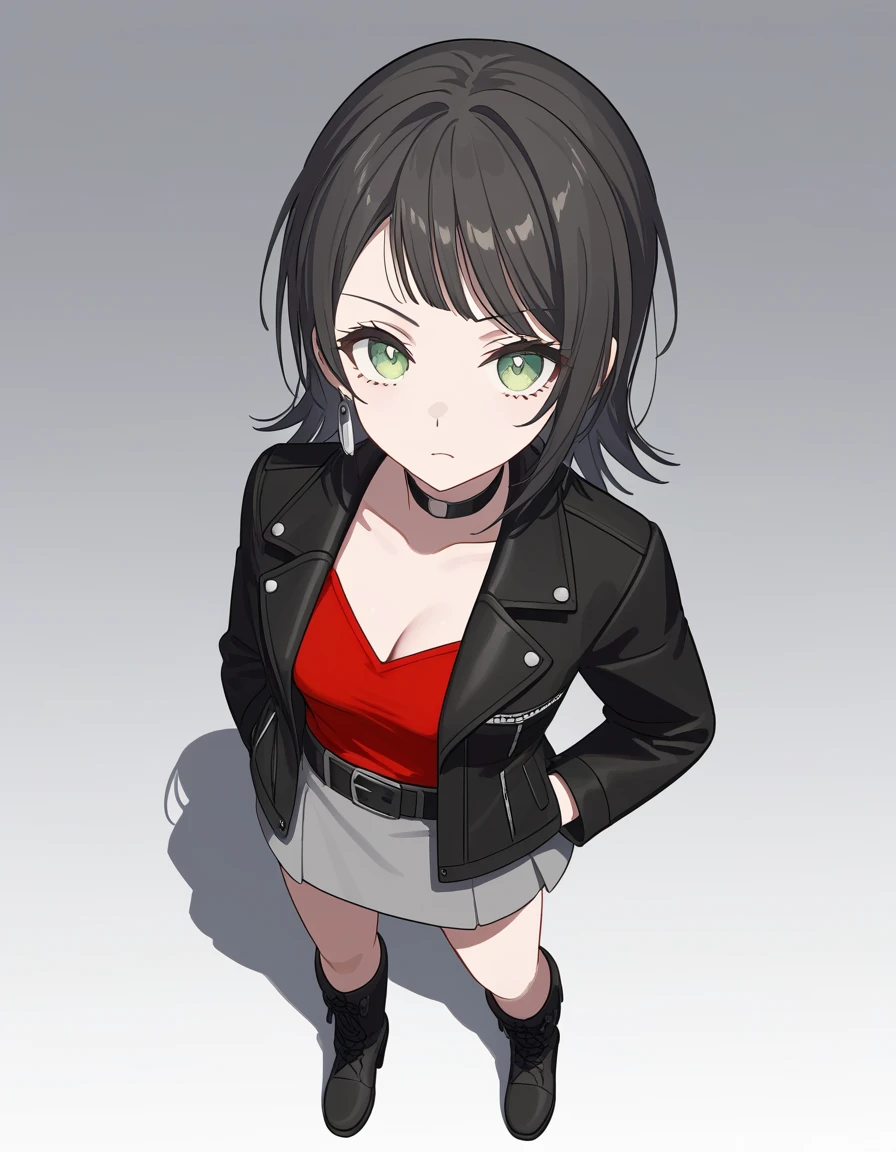 <lora:yahata_umiri_PonyXL:1>, gradient background, looking at viewer, cowboy shot, medium breasts, yahata umiri, 1girl, solo, leather jacket, skirt, black belt, breasts, black jacket, choker, red shirt, cleavage, grey skirt, open clothes, standing, green eyes, from above, boots, full body, hands in pockets, earrings,, score_9, score_8_up, score_7_up