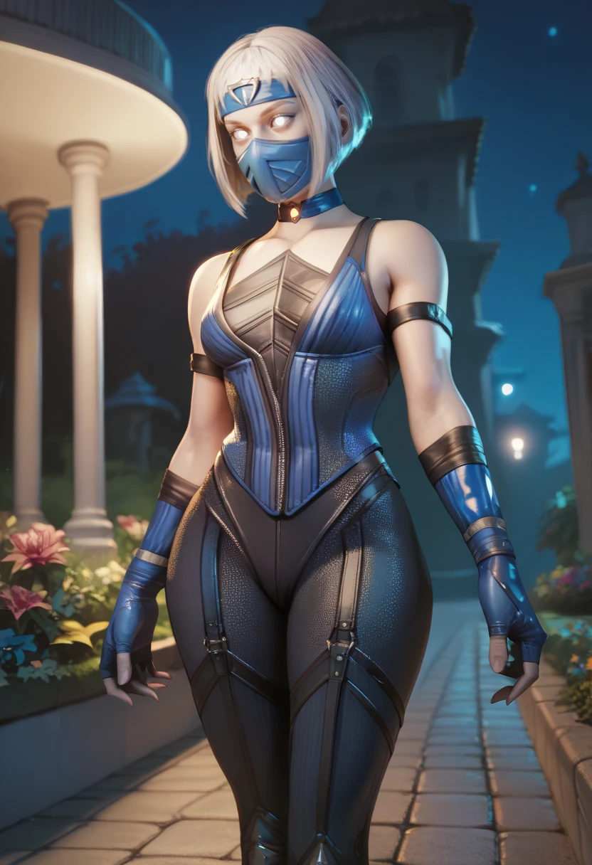 score_9,score_8_up,score_7_up,score_6_up,
khmlnxl,white eyes,white hair,bob cut,
mouth mask,
blue and black bodysuit,blue headband,bare shoulders,blue fingerless gloves,choker,
hips,
outdoor,night,garden,fantasy,
solo,
<lora:KhameleonXL:0.9>,