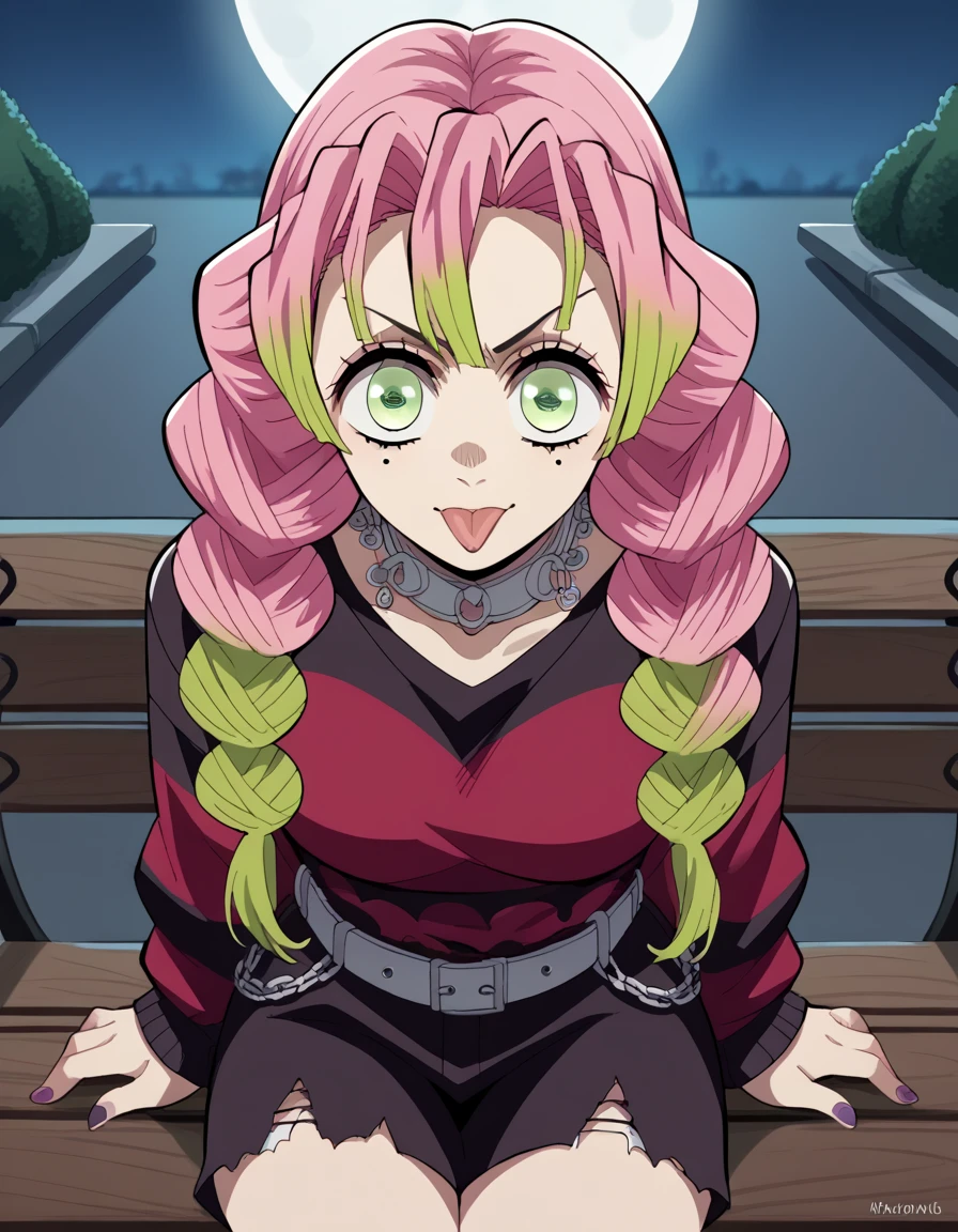 score_9, score_8_up, score_7_up, source_anime, <lora:mitsuri-kanroji-anime-ponyxl-lora-nochekaiser:1>, mitsuri kanroji, braid, gradient hair, green eyes, green hair, long hair, mole, mole under eye, multicolored hair, pink hair, twin braids, two-tone hair, large breasts, <lora:emo-fashion-ponyxl-lora-nochekaiser:1>, emo fashion, torn sweater, two-tone sweater, sweater under shirt, striped sweater, lace-trimmed choker, belt chain, red sweater, black sweater, goth fashion, street, night, moon, sitting, bench, from above, tongue out, cowboy shot, looking at viewer