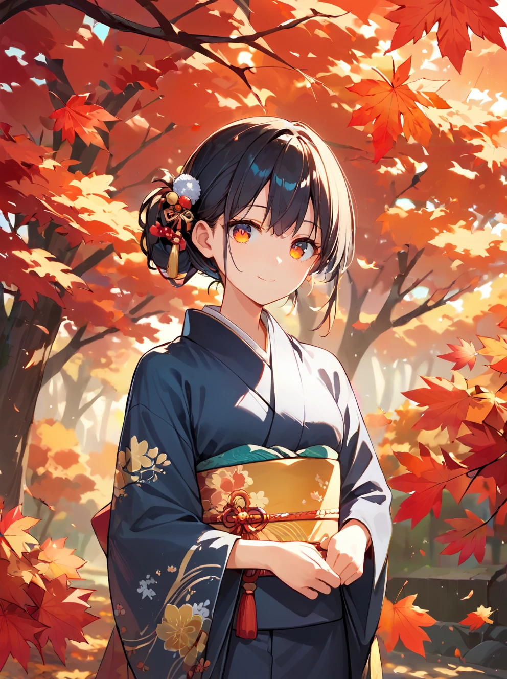 score_9, score_8_up, score_7_up,source_anime, high res image,masterpiece,best quality,(girl:1.0),cute face,clear skin,shiny hair,ultra detailed eyes,simple background, kimono <lora:kouyou_pony_V1.0:0.8> autumn leaves, tree