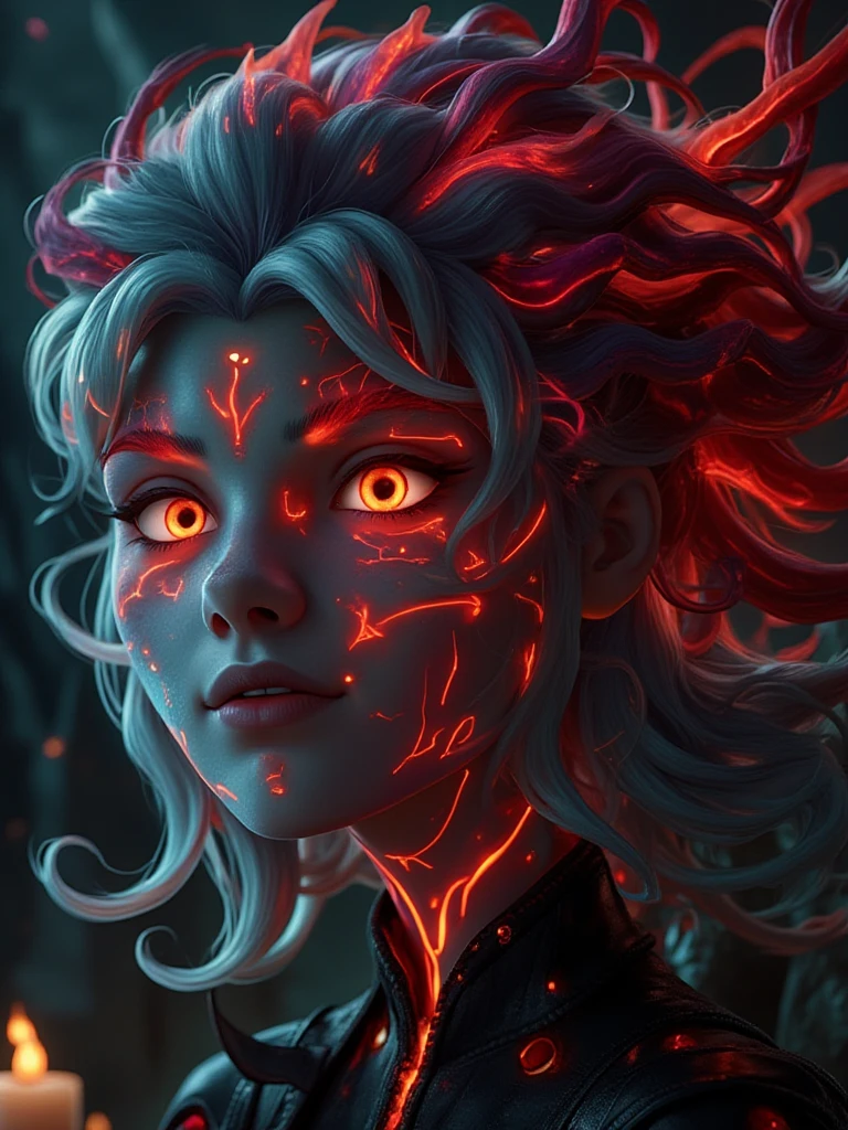 close-up,  Safe for work depiction  of a powerful enchantress with that seems to come alive, intertwined with glowing red veins that pulse with energy. The background has Flickering Candlelight, glimmering crystal formations in the background,