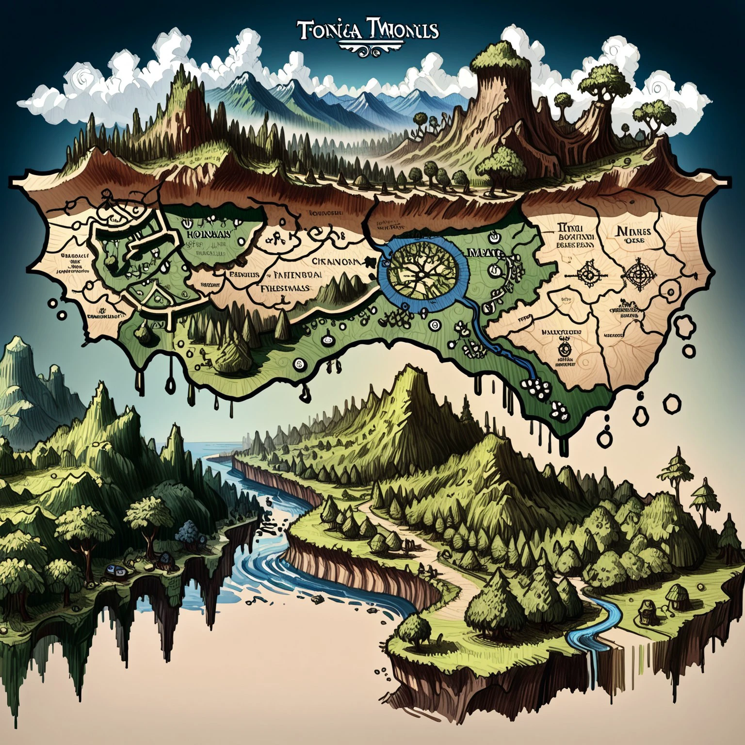 dnd_world_maps, world map, detailed, hi res, no humans, tree, island, map, english text, water, nature, forest, cliff, blue background, from above, tropical ocean, map illustration, fantasy, DnD world maps, forgotten realms maps, cave, river, watercraft This is a detailed, digital map illustrating a fantasy world, likely from a role-playing game or fantasy novel, featuring various regions and continents. The map is rendered in a realistic, earth-toned style with a blue background representing the sea. The continents are depicted in various shades of green, brown, and white, signifying different terrains like forests, mountains, and snowy regions.  The map is divided into several distinct landmasses, each labeled with its name.