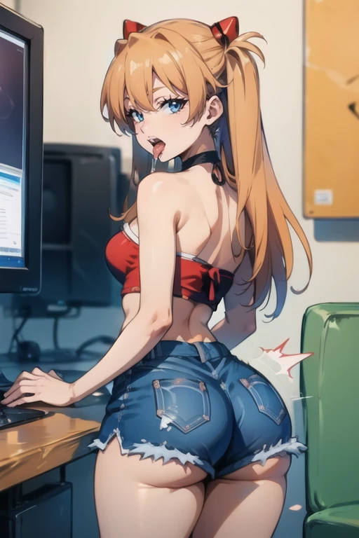 souryuu asuka langley, ass, solo, tube top, shorts, looking back, shiny skin, blue eyes, huge ass, tongue, shiny, long hair, from behind, tongue out, thick thighs, looking at viewer, denim shorts, short shorts, denim, bandeau, twerking, cutoffs, open mouth, monitor, keyboard (computer), bare shoulders, micro shorts, saliva, orange hair,<lora:twerkingv3-05:0.8>