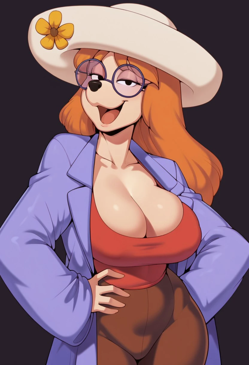 score_9, score_8_up, score_7_up, masterpiece, best quality, highly detailed, realistic, (zPDXL3), 1girl, solo, (StaceyGM, furry, anthro, female canine, teeth, tongue, purple round glasses, black nose, black eyes, orange hair, long hair, white hat, flower on hat, purple jacket, long jacket, red shirt, hands on hips, brown pants, milf, thick thighs), narrowed eyes, smile, open mouth, ((black background, simple background)), standing, front view, uncensored, (((tailless))), looking at viewer, ((big breasts, cleavage)), (cervina7)