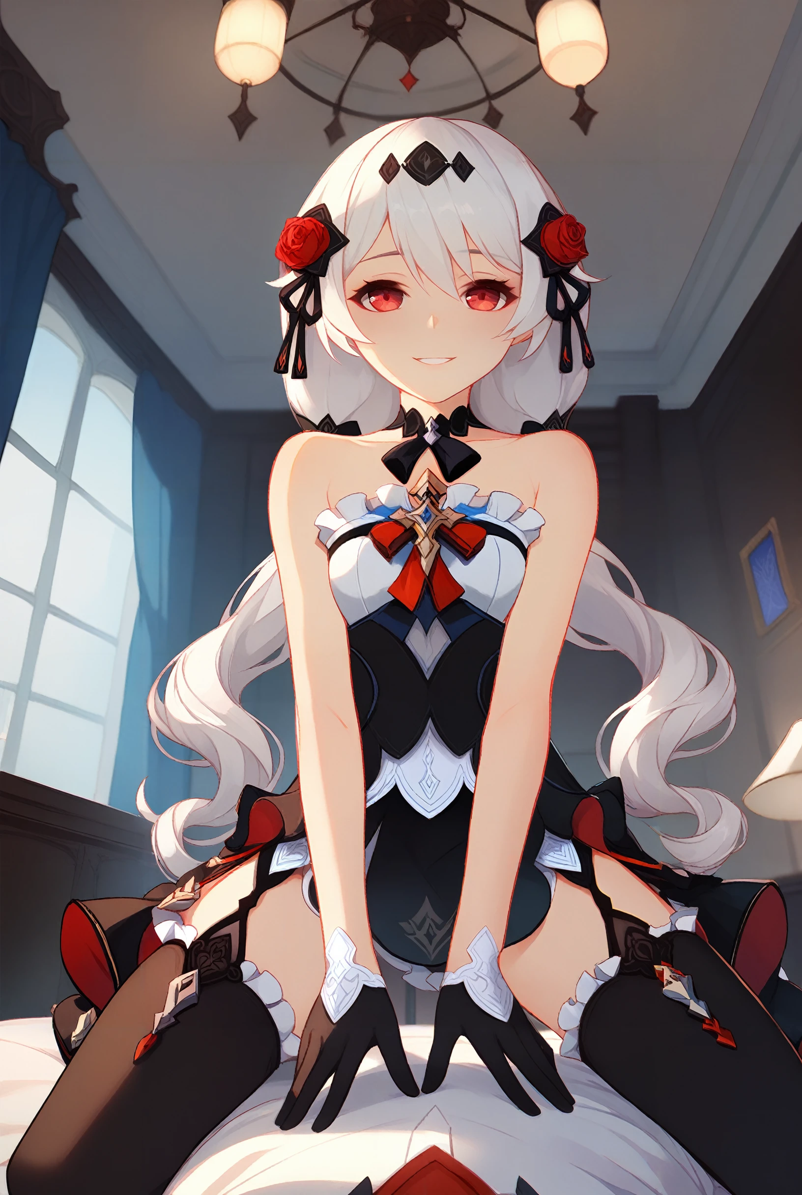 (score_9,score_8_up,score_7_up, ),<lora:Honkai_YTALK_pony-000022:1>,Honkai_YTALK,solo,
white hair,red eyes,long hair,
black thighhighs,gloves,black dress,
front view,bedroom,table,pov,straddling,ceiling,lamp,seductive_smile