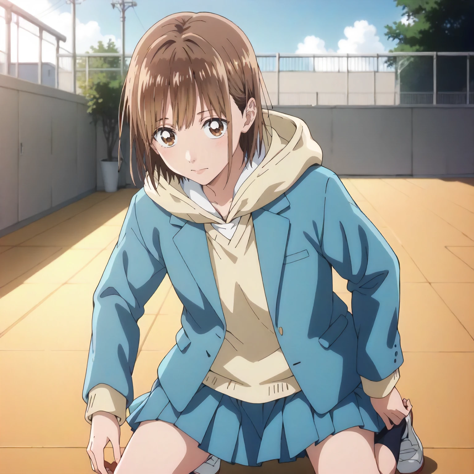 <lora:AnH_ChinatsuKanoXLpony001>,
outdoors,
solo,
ChinatsuKano,1girl,brown hair,medium hair,brown eyes,
hoodie,school_uniform,blue jacket,
pleated skirt,blue skirt,
kneeling,