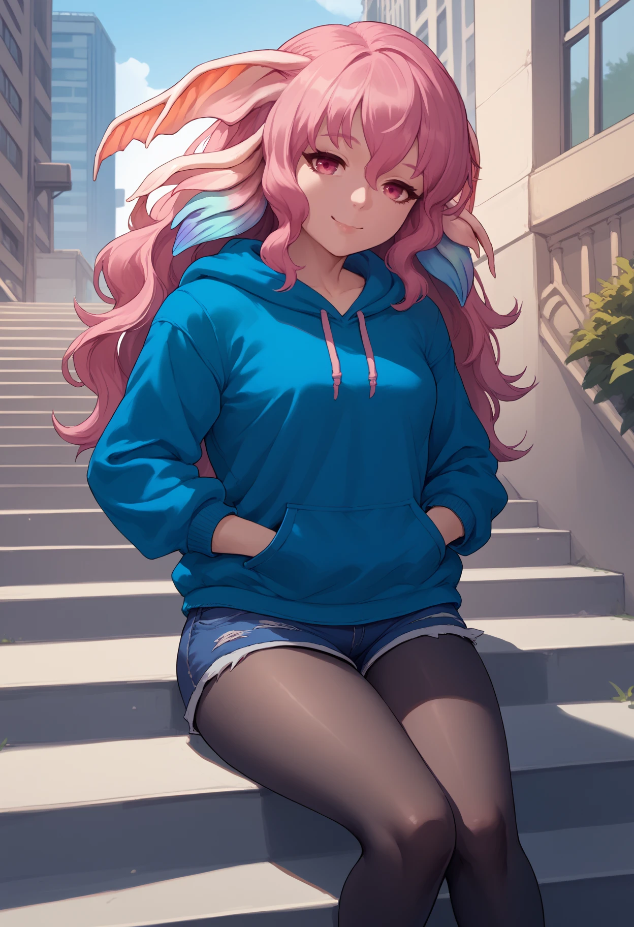 score_9, score_8_up, score_7_up, <break> solo, 1girl, rf3pia, monster girl, smile, looking at you, sitting, stairs, hands in pockets, pink hair, head fins, pink eyes, blue hoodie, blue shorts, denim shorts, black pantyhose, outdoors, city
<segment:yolo-face_yolov8m.pt,0.4,0.5//cid=1>