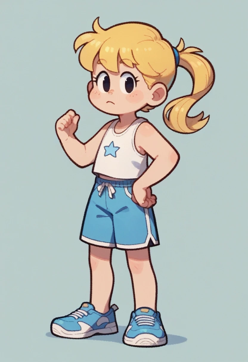 bia_tdm, 1girl, solo, blonde hair, black eyes, ponytail, shorts, shoes, white tanktop, blue shorts, blue shoes full body, standing