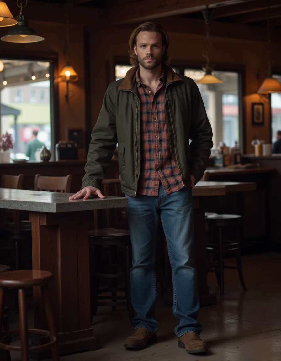 <lora:Sam_Winchester_Flux:1> this is an image of a tall well built ma wearing a jacket, flannel shirt and jeans. in a cafe looking at the viewer