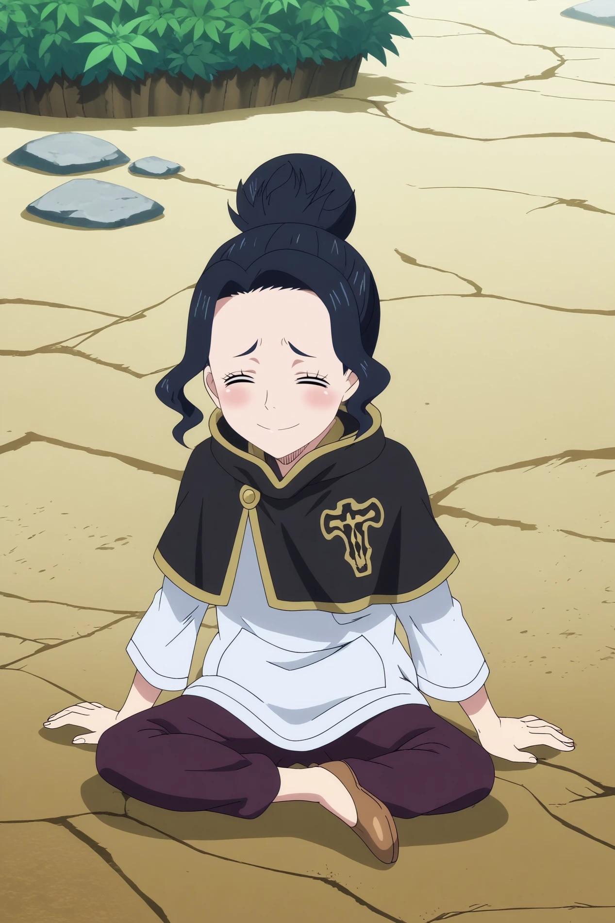  charmy pappitson,1girl,solo,smile,= =,single hair bun,closed eyes,blush,blush stickers,hairbun,capelet,short hair BREAK outdoors,sky,old village,ruins  Sitting on the floor with legs apart and leaning back,  <lora:Charmy_Pappitson_-_Black_Clover.safetensors:0.8>