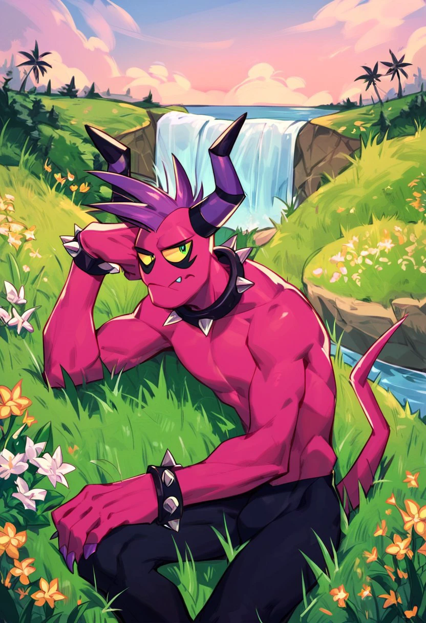 score_9, score_8_up, score_7_up, Zazz, Zeti, mohawk, blue tongue, yellow sclera, green eyes, horns, tail, sharp teeth, spiked collar, spiked bracelets, male, solo, waterfall, river, grassy field, flowers, palm trees, bored expression, lounging