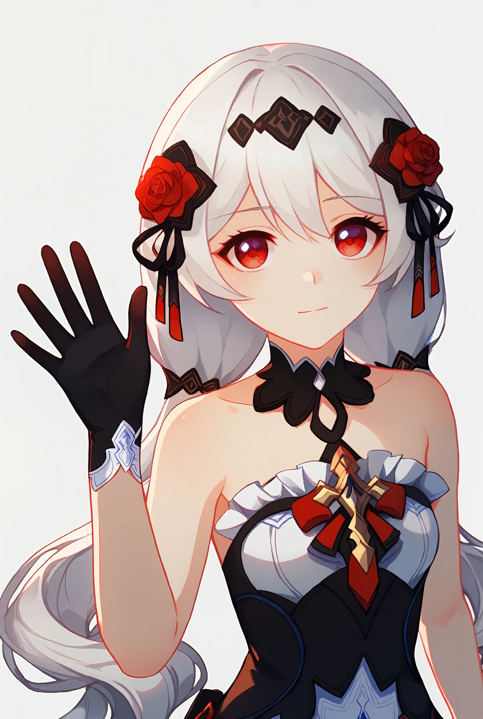 (score_9,score_8_up,score_7_up, ),<lora:Honkai_YTALK_pony-000022:1>,Honkai_YTALK,solo,white hair,dress,red eyes,black gloves,long hair,gloves,black dress,closed mouth,looking at viewer,white_background,waving,simple background,upper_body