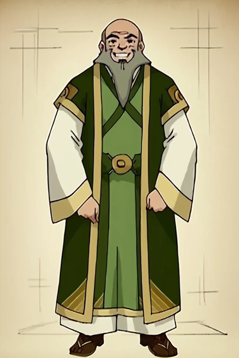 score_9, score_8_up, score_7_up, <lora:Iroh_v2.0:1> full body portrait, smile, earth nation outfit, iroh, bald, grey hair, beard, topknot, source_cartoon,