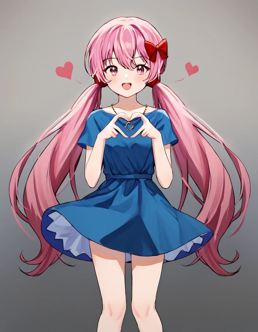 <lora:MarenolGirl-000007:0.7> drug1rl, 1girl, solo, long hair, pink hair, twintails, red hair bow, blue dress
 <lora:FourFingerHeartHands_pdxl_Incrs_v1:1> 4-finger heart hands, heart hands