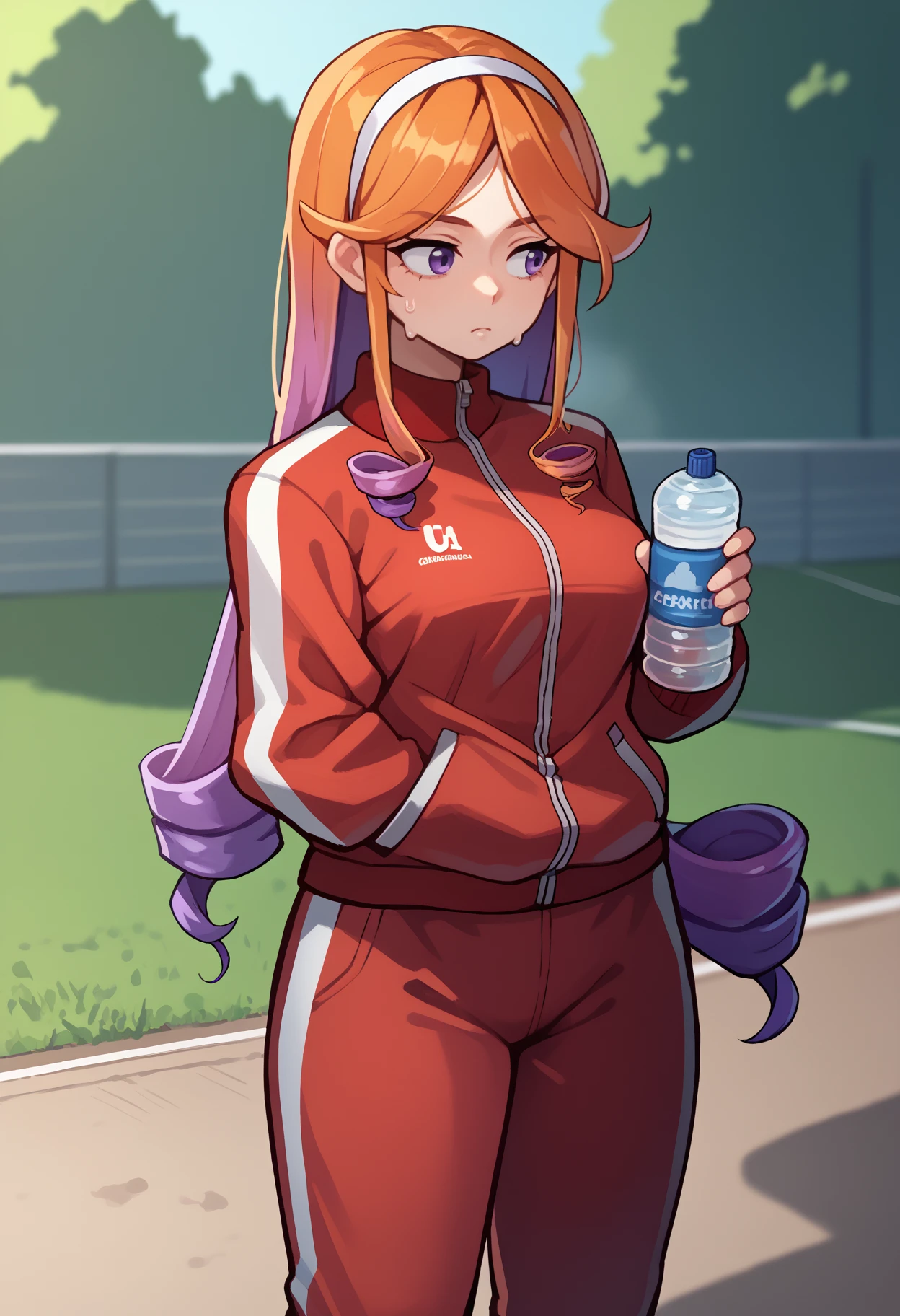 score_9, score_8_up, score_7_up, <break> solo, 1girl, kcyuugure, sweat, expressionless, looking away, standing, holding water bottle, long hair, multicolored hair, orange hair, purple hair, asymmetrical sidelocks, drill hair, white hairband, purple eyes, track suit, red jacket, track jacket, red pants, outdoors, park
<segment:yolo-face_yolov8m.pt,0.4,0.5//cid=1>