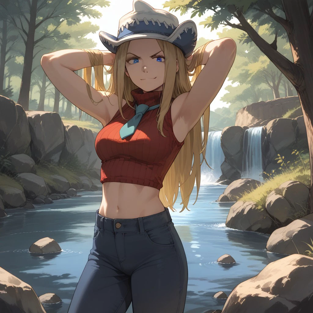 score_9, score_8, score_7, break, solo, liz_se, long hair, blonde hair, hat, blue eyes, sleeveless turtleneck, necktie, midriff, pants, smirk, hands behind head, looking at viewer, rocks, stream, natural lighting, tree