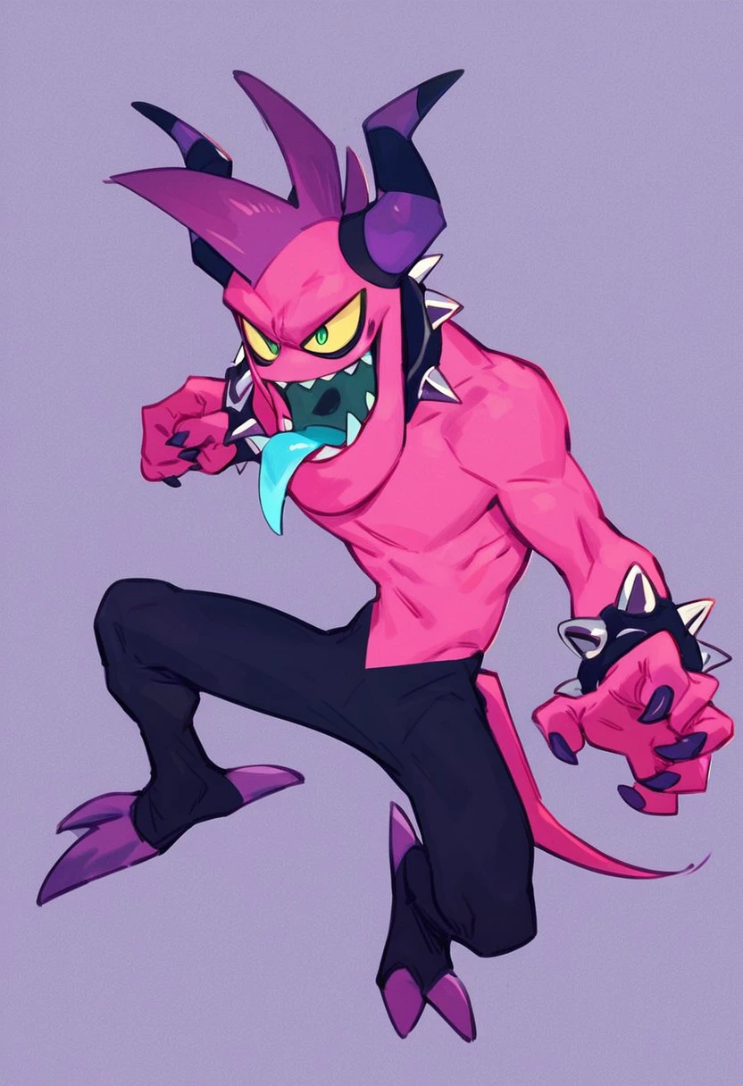 score_9, score_8_up, score_7_up, Zazz, Zeti, mohawk, blue tongue, yellow sclera, green eyes, horns, tail, open mouth, sharp teeth, spiked collar, spiked bracelets, male, solo, simple background, purple background, big stars effect, action pose