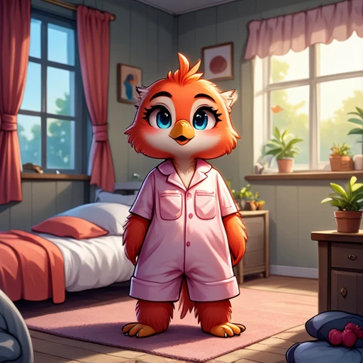 An anthro bird furry girl in a bedroom wearing a pajama. AFG