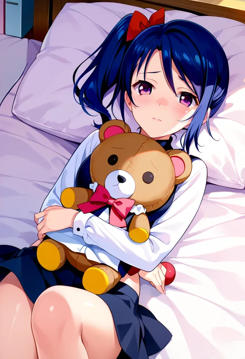 score_9, score_8_up, score_7_up, score_6_up,
masterpiece,

1girl, solo,

Hyouko Yundou, purple eyes, blue hair, side ponytail, short hair, hair ribbon,

shy, blush, looking at viewer, on bed, on back, hugging plush toy, stuffed toy, teddy bear