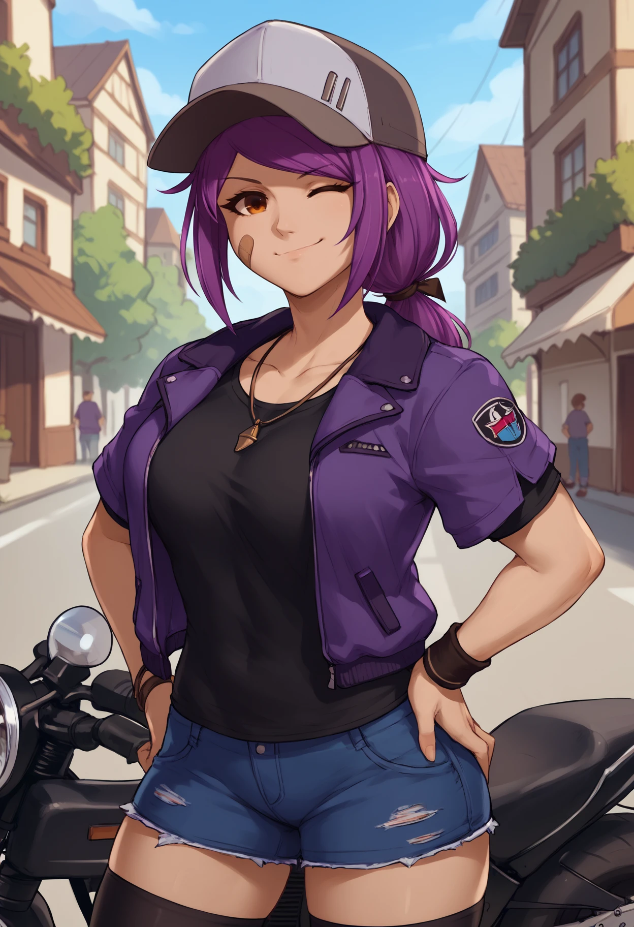 score_9, score_8_up, score_7_up, 1girl, leaairi, brown eyes, single bandaid on cheek, short hair, purple hair, low ponytail, hair ribbon, large breasts, fit, baseball cap, 
purple jacket, black shirt, necklace, short sleeves, collarbone, wristband, blue shorts, denim shorts, black thighhighs
looking at viewer, smile, wink, hands on hip, 
outdoors, village, street, bush, blue sky, motorcycle, cowboy shot,
<lora:Leah-Airisubaka-PDXL_V2-Manityro-CAME:1.0>,