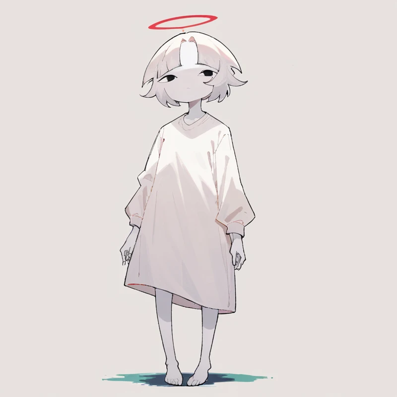 score_9, score_8_up, score_7_up, <lora:chewingarts:1>, chewart, white background, white skin, short hair, white hair, red halo, white dress, pink panties, barefoot, looking at viewer, standing, thin body, girl,