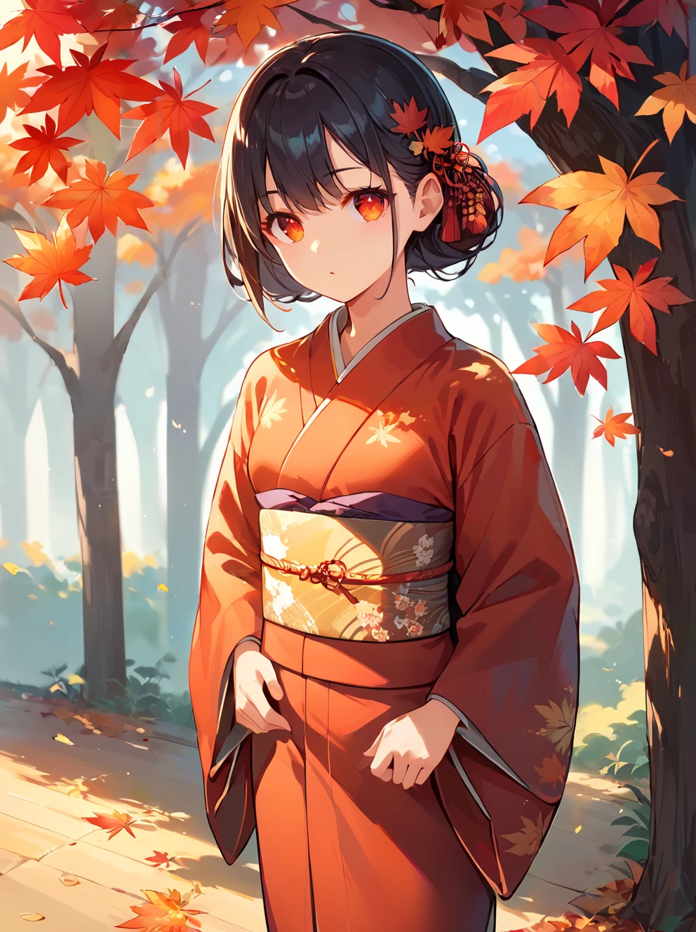 score_9, score_8_up, score_7_up,source_anime, high res image,masterpiece,best quality,(girl:1.0),cute face,clear skin,shiny hair,ultra detailed eyes,simple background, kimono <lora:kouyou_pony_V1.0:0.8> autumn leaves, tree