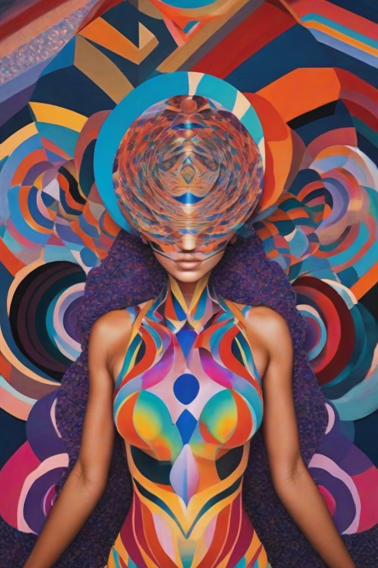 A surreal, dreamlike scene where a woman's body is transformed into a vibrant, swirling vortex of colors and shapes. Geometric patterns dance across her skin, with bold lines and curves forming a mesmerizing, three-dimensional structure that appears to shift and pulse like a living entity. The surrounding environment dissolves into a kaleidoscope of hues, blurring the boundaries between reality and fantasy.,GeoF