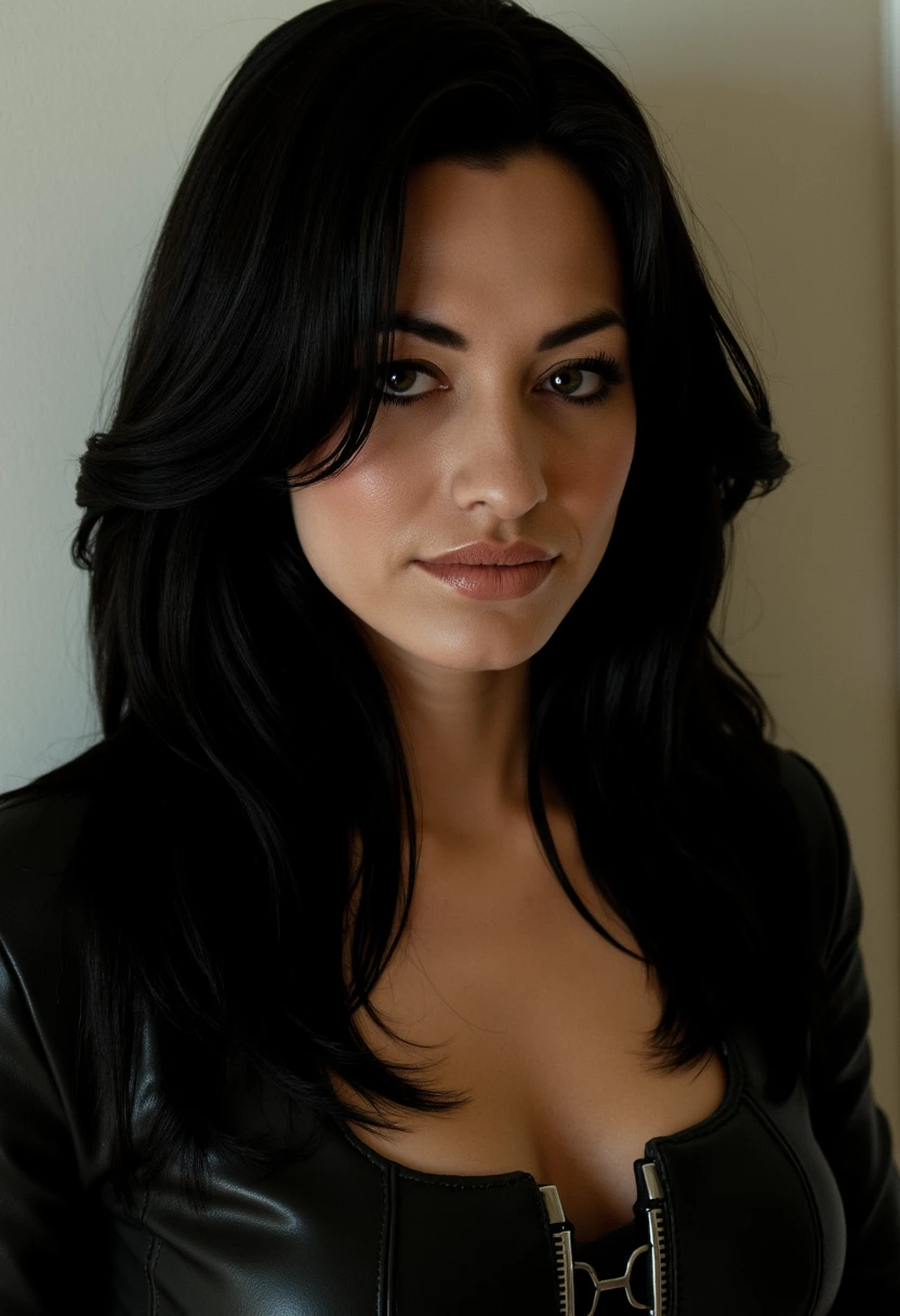 a highly detailed photo depicting Miranda Lawson with long black hair