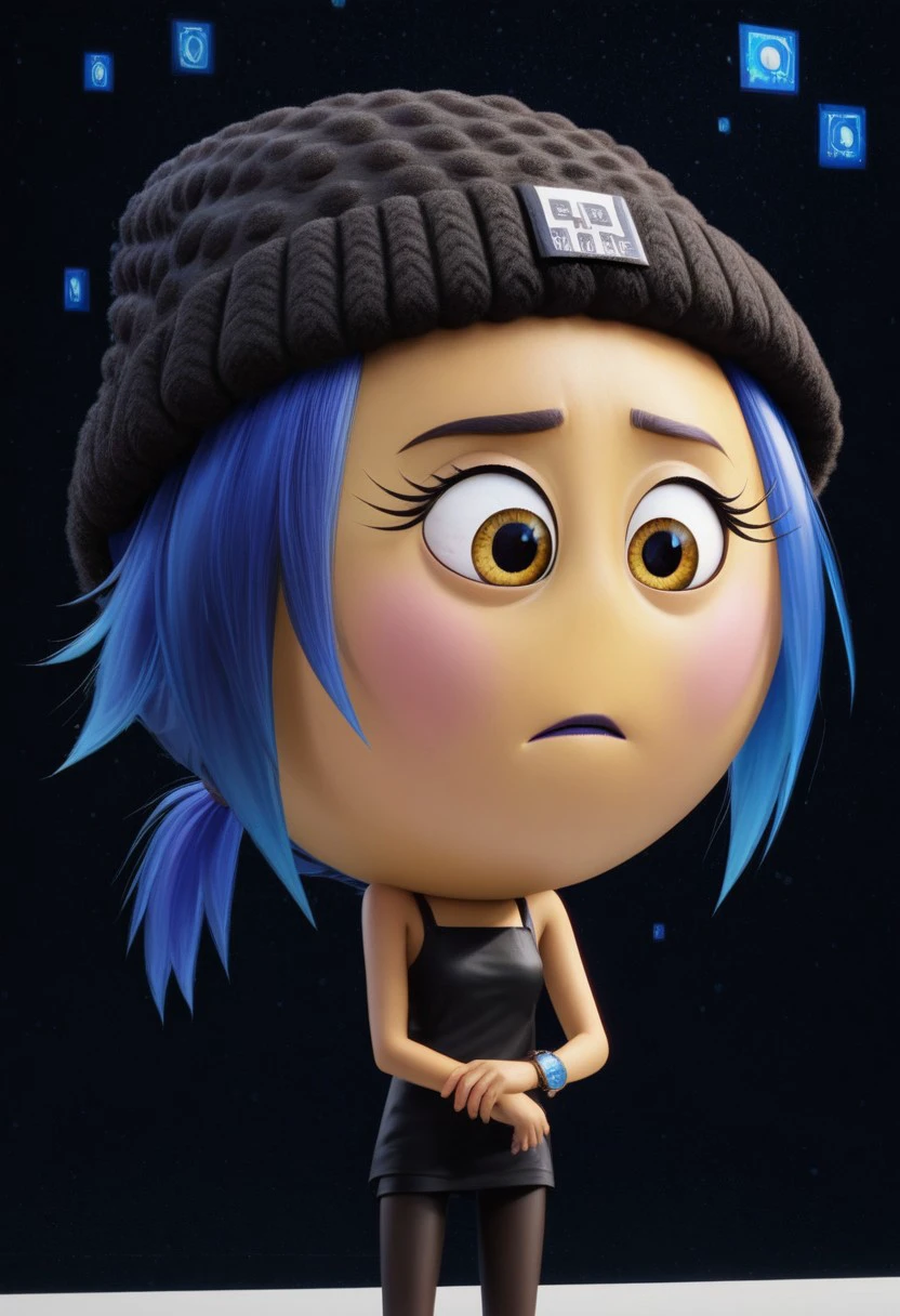 jailbreak, 1girl, yellow emoji, blue hair, ponytail, yellow sunshine eyes, pink cheeks, purple lipstick, round head, big head, chibi, no neck, no nose, black beanie with a skeleton on it, black code breaker watch with blue light, short black dress, black skinny tights, score_8_up, score_7_up, BREAK, 1girl, solo, closeup, portrait, looking down, detailed background, 4k, masterpiece, best quality, highly detailed, realistic, 3d, cowboy shot, easynegative