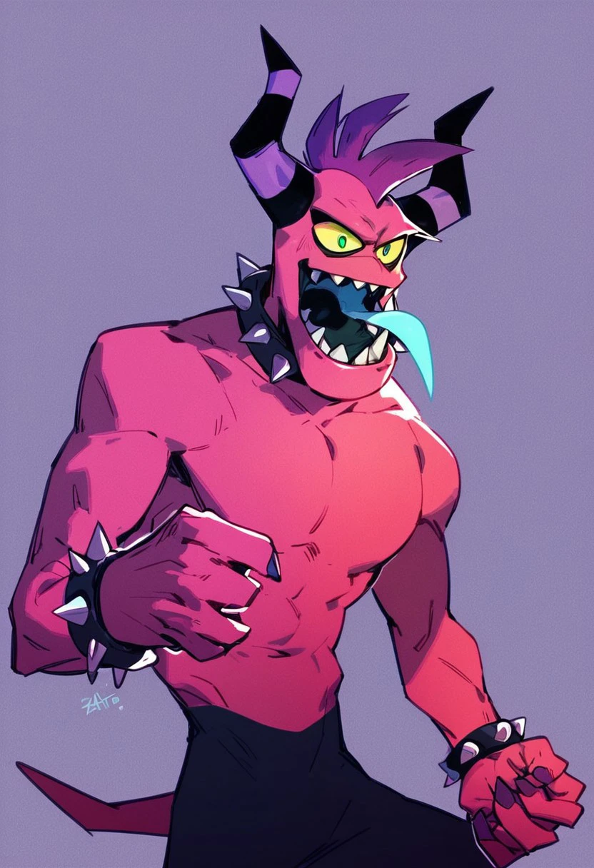 score_9, score_8_up, score_7_up, Zazz, Zeti, mohawk, blue tongue, yellow sclera, green eyes, horns, tail, open mouth, sharp teeth, spiked collar, spiked bracelets, male, solo, simple background, purple background, big stars effect, action pose