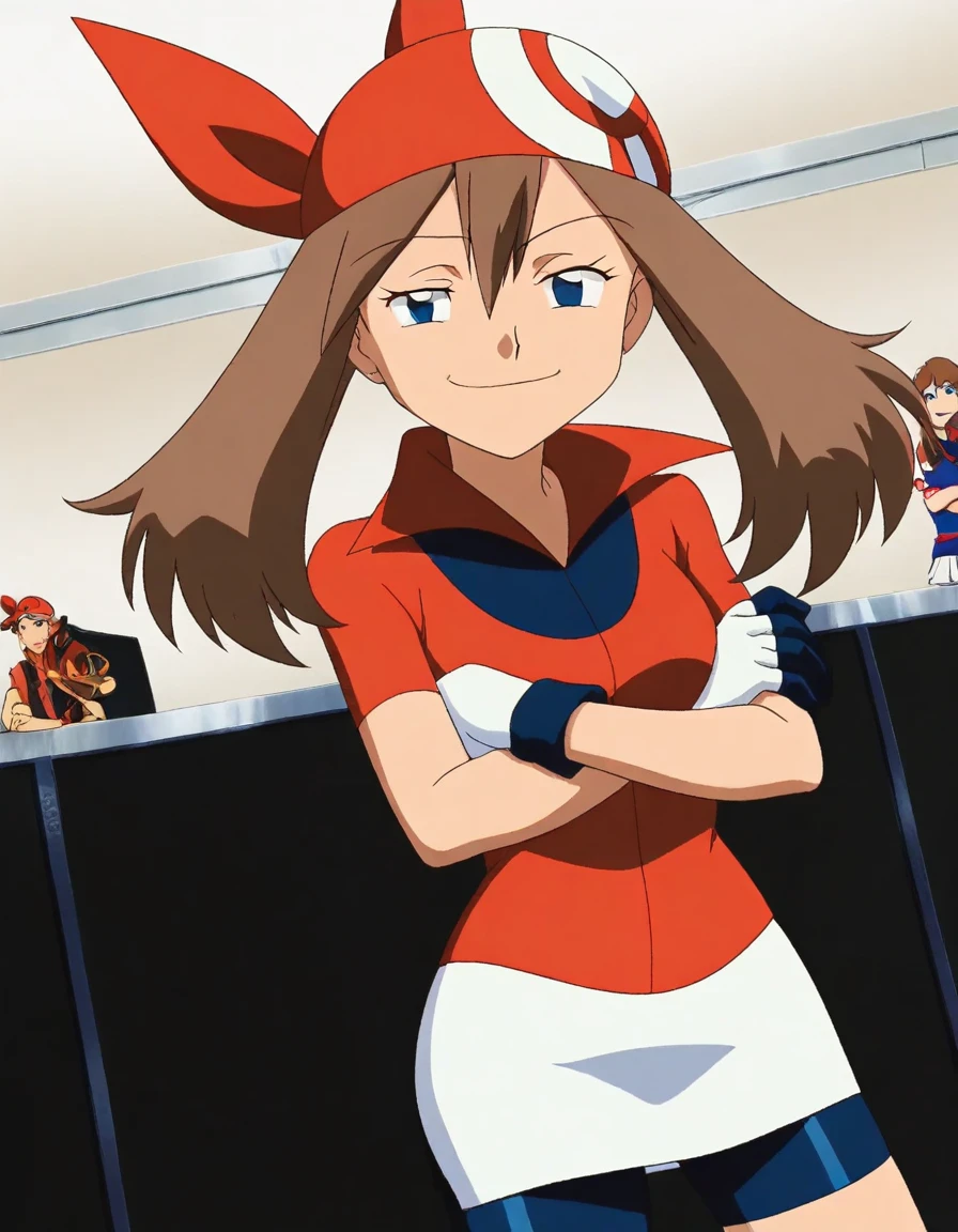 score_9, score_8_up, score_7_up, source_anime, <lora:pokemon-may-anime-illustrious-lora-nochekaiser:1>, pokemonmay, 1girl, may (pokemon), blue eyes, brown hair, bandana, long hair, red bandana, twintails, hair between eyes,, bike shorts, collared shirt, gloves, microskirt, multicolored shirt, pencil skirt, red shirt, shirt, short sleeves, skirt, white skirt,, music store, browsing records, headphones, vinyl collection, nostalgic, smile, , crossed arms, smug, solo,, cowboy shot, dutch angle, solo