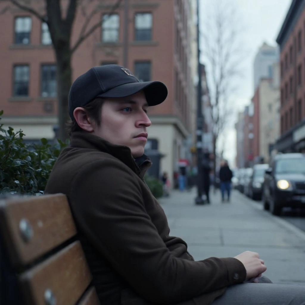 Street photography, depth of field, 50mm, bokeh. 1boy, sitting on a park bench in New York City, he is looking off at something interesting happening out of frame. He has brown hair. He is wearing a jacket and a knit cap. It is winter. Intimate close up portrait. 8k, ultra detailed. Skin pores, imperfections.