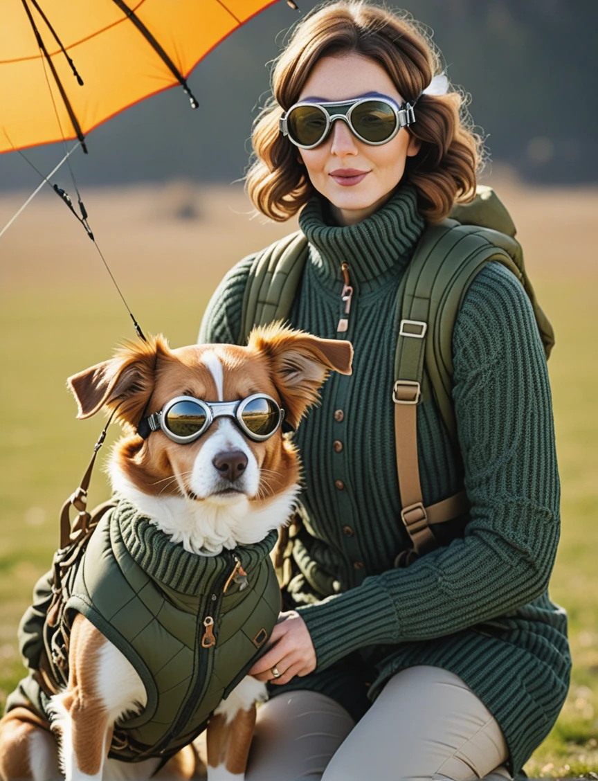 a professional sharp focus absurdres intricately detailed close portrait photograph of a beautiful Ruby_O_Fee, petting a dog who is wearing a parachute and aviator goggles,
wearing slim pants with a long knit cardigan sweater over a turtleneck long-sleeved shirt,
 <lora:Ruby_O_Fee-SDXLe15:1> ,