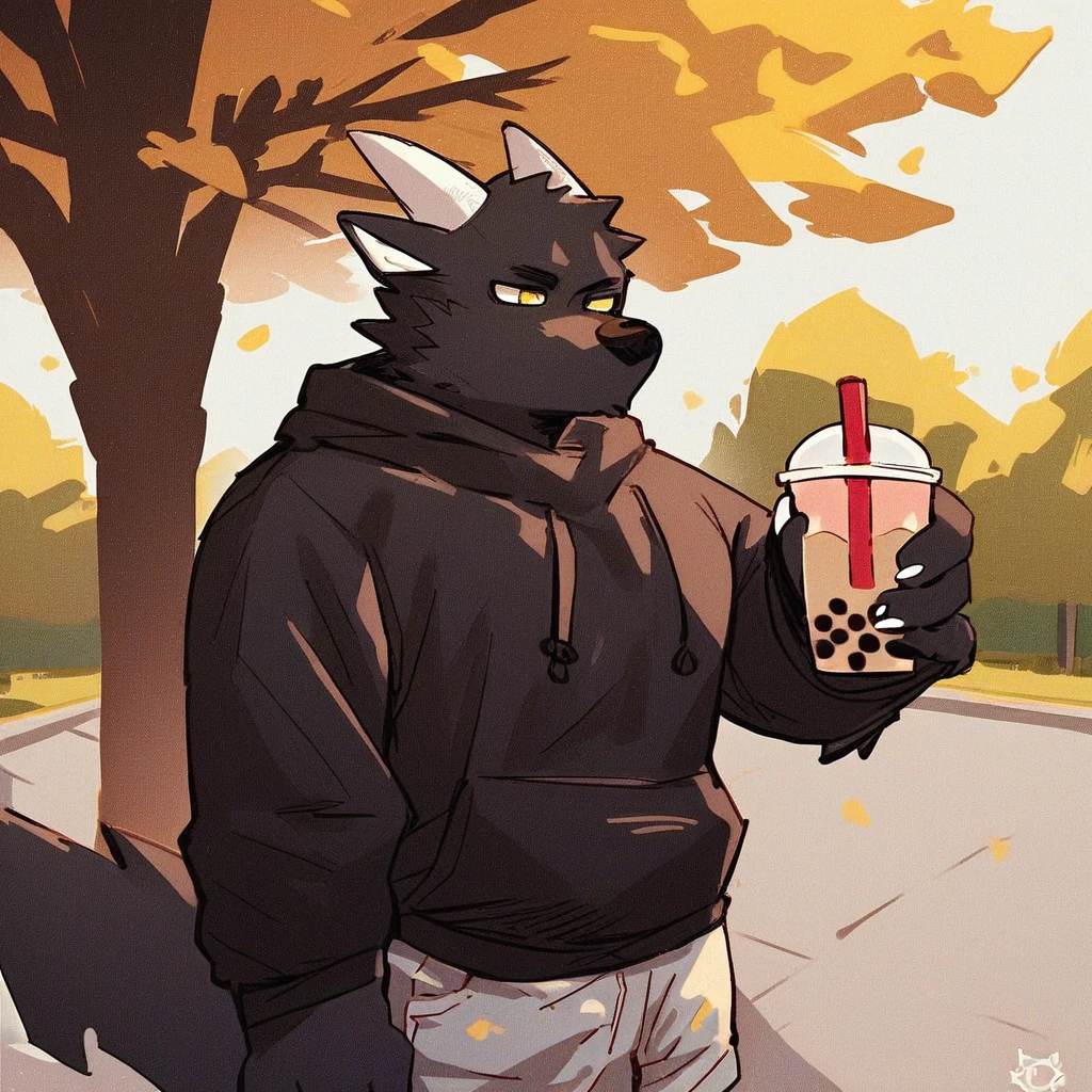 score_9_up, score_8_up, score_7_up, source_furry, mikus-style, black dragon, black body, white horns, yellow eyes, park, holding, bubble tea, black sweater, gray shorts, 1boy, solo